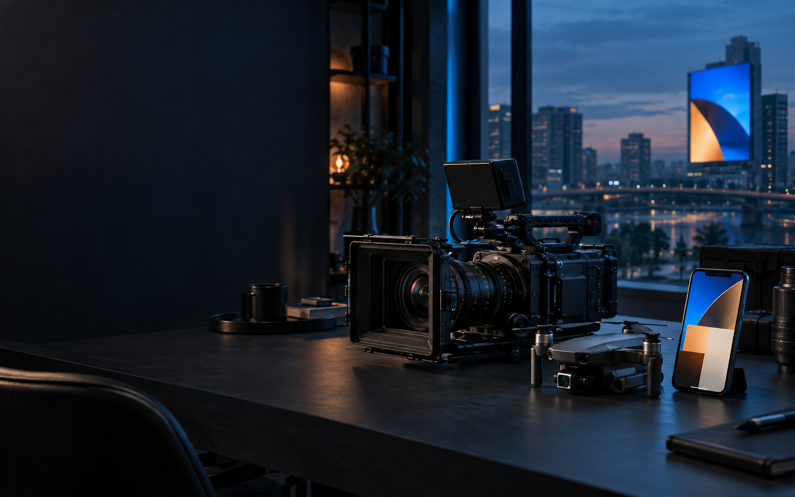 Camera, drone, phone, and digital billboard tools in a creative studio